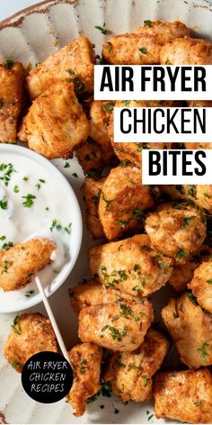 Air-fried chicken bites served with a side of dipping sauce. Chicken Air Fryer Meals, Quick Chicken Recipes Air Fryer, Meat In Air Fryer Ideas, Air Fryer Recipes Chicken Nuggets, Air Fryer Pickle Chicken, Healthy Air Fry Chicken, Air Fryer Chicken Salad, Chicken Parmesan Bites Air Fryer, Air Fryer Grilled Chicken Nuggets