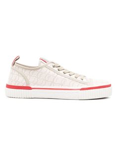 PEDROJUNIORN005 CHRISTIAN LOUBOUTIN MONOGRAM JACQUARD CONTRASTING TRIM LOGO SNEAKERS Combination Logo, Red Color Combinations, Mens Monogram, Christian Louboutin Men, Contrasting Trim, Versace Bags, Red Sole, Comfortable Flats, Sand Beige