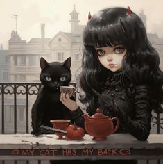 a woman sitting at a table with a black cat next to her and a teapot