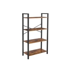 an industrial style shelving unit with three shelves and one shelf on each side, against a white background