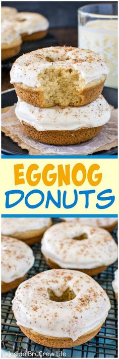 eggnog donuts with white frosting and sprinkles on top