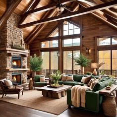 a living room filled with furniture and a fire place in the middle of a room