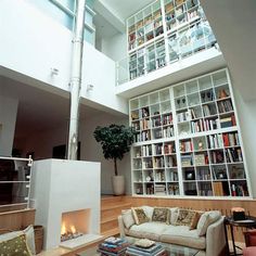 a living room filled with furniture and a fire place in front of a bookshelf