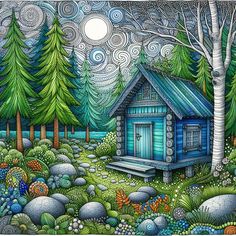 a painting of a cabin in the woods