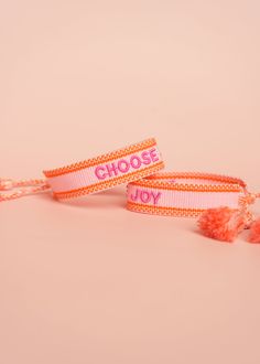 Choose Joy! One of our best selling sayings and color combos! Pink and orange embroidered bracelet with pink stitching. Our embroidered bracelets are adjustable to fit any wrist and are machine washable! Adjustable Embroidered Friendship Bracelets, Embroidered Bracelet, Choose Joy, Apres Ski, Color Combos, Pink And Orange, Stitching, My Style, Bracelet