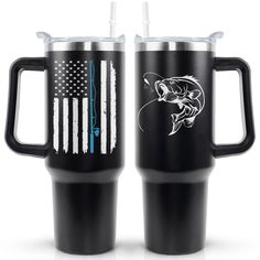 two black tumblers with american flag and fish on them