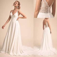 the back of a wedding dress with straps and beading on it, in three different views