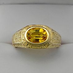 AAAA   Yellow Sapphire  9x7mm 2.49 Carats Heavy 14K Yellow gold Antique styled MAN'S ring 15 grams. Antique Mens Rings, Black Diamond Bands, Bezel Set Engagement Ring, Yellow Sapphire Rings, Antique Filigree, Old Rings, Mens Gold Rings, Deco Ring, Ring Oval