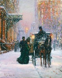 a painting of a horse drawn carriage on a snowy street in new york city, ny