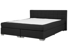 a black bed frame with white mattress and storage drawers on the bottom side, in front of a white background