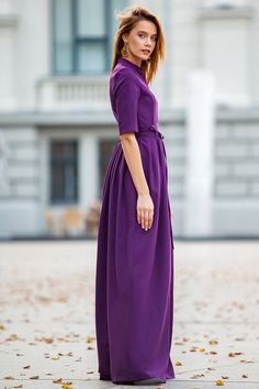 "Classic dark purple maxi dress with pleats ➤ Features > dress lenght: 150 cm / 59,05\" > mid sleeves > v neckline > pleats in skirt part > waistband ➤ Sizing My Size Guide in FAQ section below will help you define the perfect size match. The item can also be made according to your measurements - just message them to me. ➤ Delivery Your item is made-to-order and will be ready within 2-7 days. Average delivery times: > North America: up to 1-2 weeks > New Zealand, Australia: Purple Pleated Maxi Dress, Fitted Purple Pleated Maxi Dress, Summer Pleated Purple Maxi Dress, Purple Dress Plus Size, Long Purple Dress, Purple Long Dress, Dress Cocktail Party, Maxi Dress Plus Size, Plus Size Maxi Dress