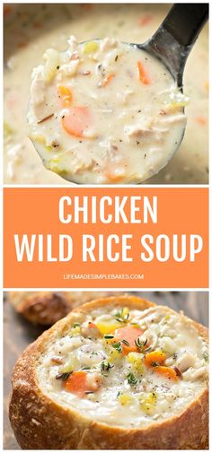 chicken wild rice soup in a bread bowl with a spoon and title above it that reads, chicken wild rice soup