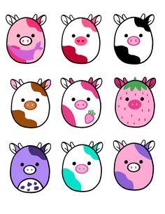 six farm animals with different colors and designs on their faces, including one pig, the other