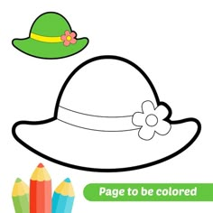 a coloring page with a hat and pencils for children to color, including the title page to be colored