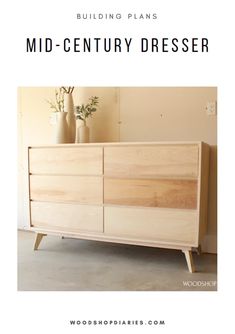 a wooden dresser with vases on top and the words building plans mid - century dresser