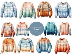 watercolor sweaters in different colors and patterns