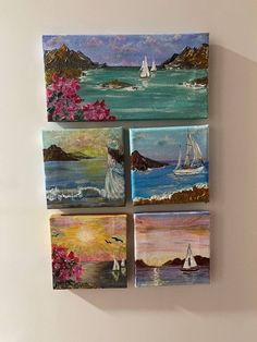 four paintings are hanging on the wall next to each other, with boats and mountains in the background