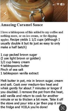 the recipe for caramel sauce in a jar is shown on an iphone screen, with instructions to make it