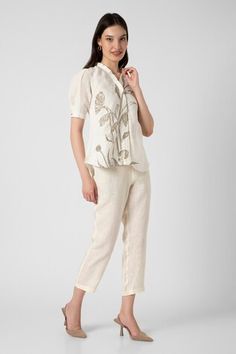 Off-white top with dainty bloom print and zari stitch line on hem. Paired with pant. - Aza Fashions Tulip Top, Off White Pants, Stitch Lines, Top And Pants Set, Pant Sets, Set Women, Puffed Sleeves, Pant Set, White Pants