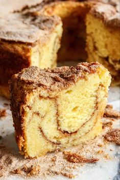 a piece of cinnamon swirl coffee cake on a plate