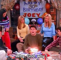 the friends are celebrating their 30th birthday with cake and candles in front of them on tv