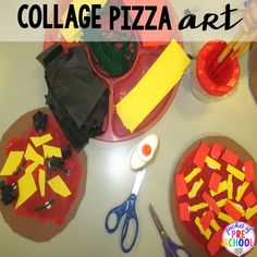 collage pizza art for kids to make with construction paper, scissors and other crafting supplies