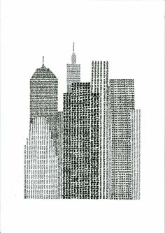 a black and white drawing of buildings with words written on the side of each building