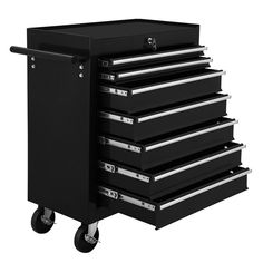 a black tool cabinet with five drawers and four rollers on the bottom shelf,