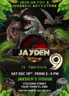 the poster for jayden's 9th birthday party, featuring dinosaurs and other animals