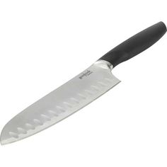 a large knife with a black handle on a white background