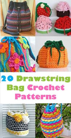 crochet drawstring bag patterns with text overlay that reads, 20 drawstring bag crochet patterns