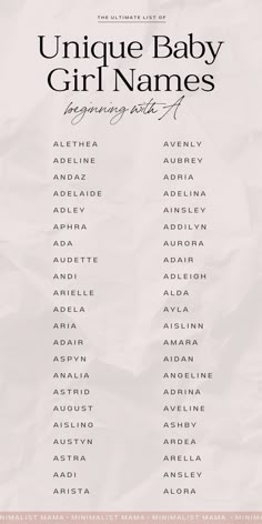 the unique baby girl names are shown in this printable poster, which is also available for