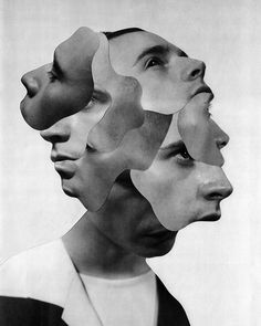 a black and white photo of four people's faces with different shapes on them