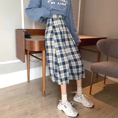 Casual Plaid A-Line Loose Long Skirts – Tomscloth Long Plaid Skirt Brown, Casual Cotton Plaid Skirt, Casual Plaid Midi Skirt, Plaid Midi Skirt Casual Style, Long Plaid Skirt, Black Plaid Skirt, Plaid Midi Skirt, Long Skirt Casual, Long Outfit