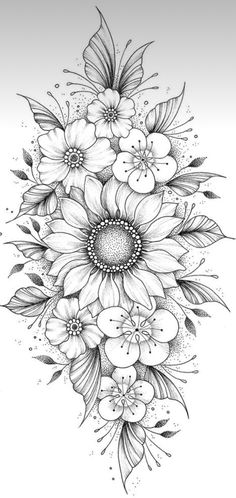 a black and white drawing of flowers with lots of petals on it's head