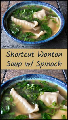 two bowls of soup with spinach and wontons in the same bowl, one is