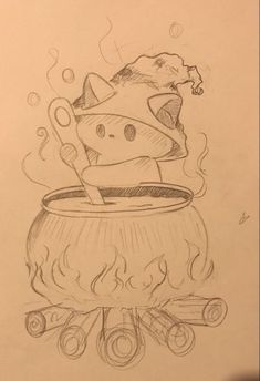 a drawing of a cat sitting in a caulder with hot coals on it