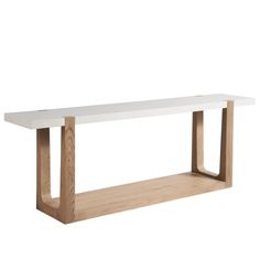 a white table with wooden legs and a shelf on the top that is made out of plywood