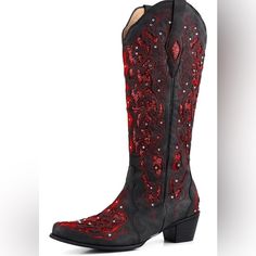 Cowboy Boots For Women Cowgirl Boots Western Boots Chunky Heel Pointed Toe Pull On Rhinestones Embroidered Knee High Boots Mid Calf Boots About This Item [ Measurement ] ---- The Western Boots For Women Heel Height Measures Approximately 2.36 Inches (6 Cm) [ Upper Material ] ---- The Red Cowgirl Boots For Women With Comfortable High Quality Pu. It's Really Soft And Comfortable To Your Foot Skin. [ Sole Material ] ---- The Rhinestones Cowboy Boots For Women Slip Resistant Rubber Outside Sole And Red Rhinestone Boots With Round Toe, Red Rhinestone Round Toe Boots, Red Rhinestones Round Toe Boots, Women Cowgirl Boots, Cowgirl Boots For Women, Western Boots For Women, Red Cowgirl Boots, Cowboy Boots For Women, White Clogs