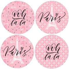 four pink coasters with the words paris and eiffel tower