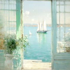 a painting of boats in the water from an open door to another room with windows