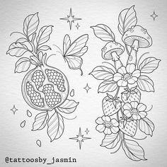 two pomegranates with leaves and flowers are drawn in black ink on white paper