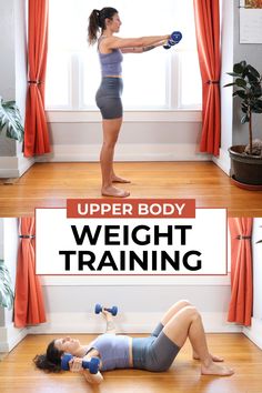 the upper body weight training guide for women is shown in three different positions, including one with