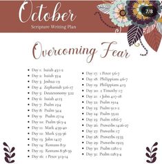 a poster with the words overcoming fear written in it and flowers on top of it