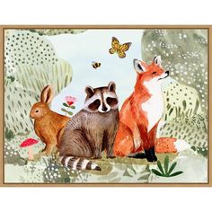 a painting of two raccoons and a deer in the woods with butterflies flying overhead