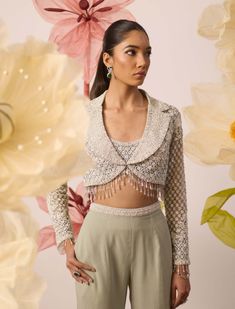 Roqa | Daisy Mint Green Jacket And Flared Pant Set | INDIASPOPUP.COM Blouse With Jacket, Jacket Style Blouse, Pearl Blouse, Mint Green Jacket, Farmhouse Party, Choli Blouse Design, Indian Dresses For Women, Function Dresses, Bridal Chura