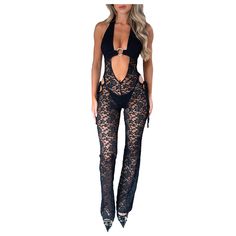 PRICES MAY VARY. Material: Lace jumpsuit for women, sexy mesh jumpsuit is made of high-quality polyester fabric. See through hollow out romper pants, sexy club party outfits are soft, skin-friendly and breathable to wear. Feature: Sexy jumpsuits for women feature floral lace, cut out, halter neck, slim fit, sleeveless and backless design. Slim fitted floral lace see through jumpsuit, sleeveless hollow out one piece bodysuit can hug your body and show your perfect body figure. Matching: Women y2k Lace Body Suit Outfits Night Out, Lace One Piece Outfit, Tight Jumpsuit Outfit, Body Suit Outfits Night Out, Rave Inspo Outfits, Lil Weezy, Mv Outfits, Outfits Night Out, Romper Long Pants