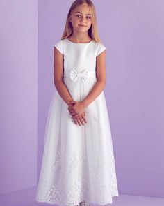 jewel neck satin appliqued first communion dress 1st Communion Dresses, Wedding Wishlist, Spring Wedding Dress, 1st Communion, First Communion Dress, Girls White Dress, First Communion Dresses, Communion Dresses, Special Occasion Dress