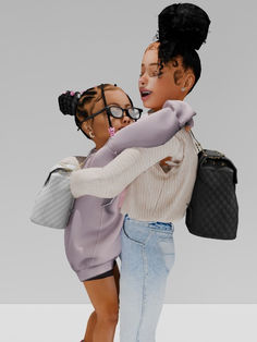 two dolls are hugging each other in front of a gray background and one is holding a black purse