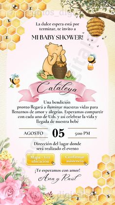 a flyer for a baby shower with bees and flowers